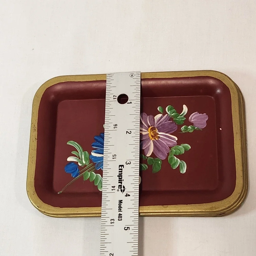 4 Vintage Hand Painted Floral Metal Trinket Tray Green Red Gold Folk Art Trays‎